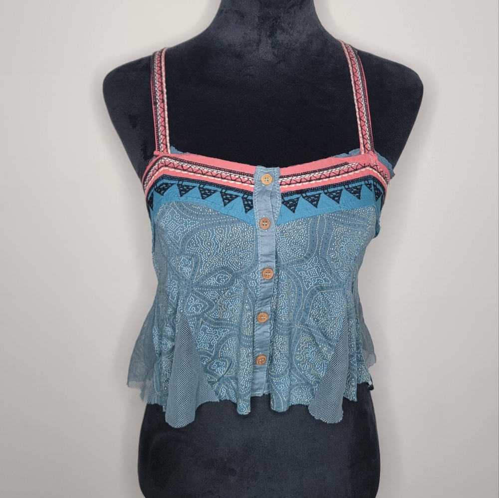 Free People Blue and Coral Patterned Cropped Tank